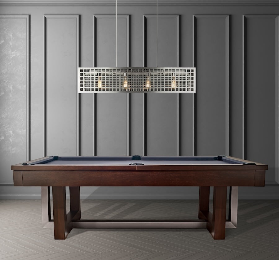 The Abbey pool table by American Heritage with gray felt in an Espresso finish pictured in a moody game room.