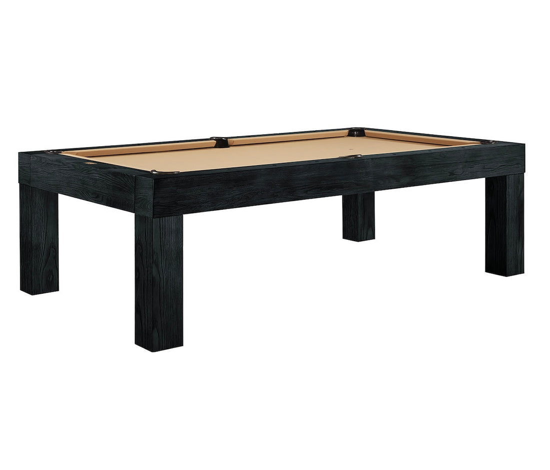 The Alta slate pool table designed by American Heritage with khaki-colored felt and a Black Ash wood finish.