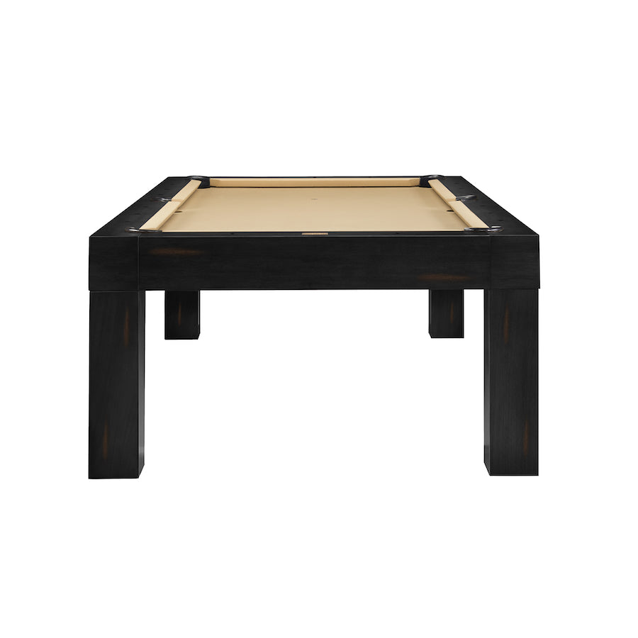 End view of the American Heritage Alta slate pool table in a Peppercorn finish and khaki felt.