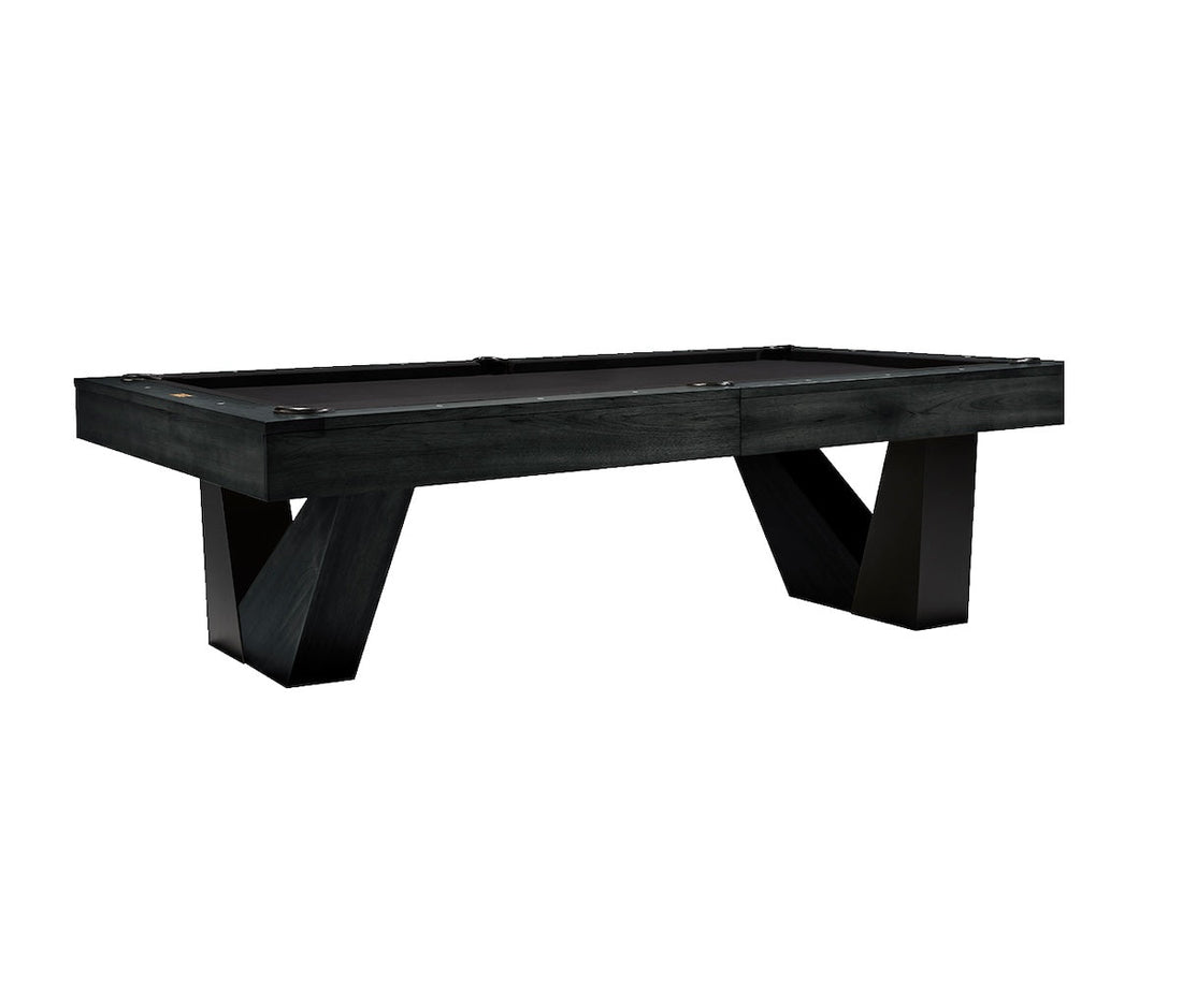 Angle view of the Annex slate pool table by American Heritage in a Black Ash wood finish pictured against a white background.