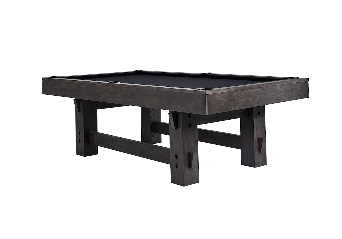 The Bristol slate pool table by American Heritage in Charcoal with black felt. Elevated corner view.