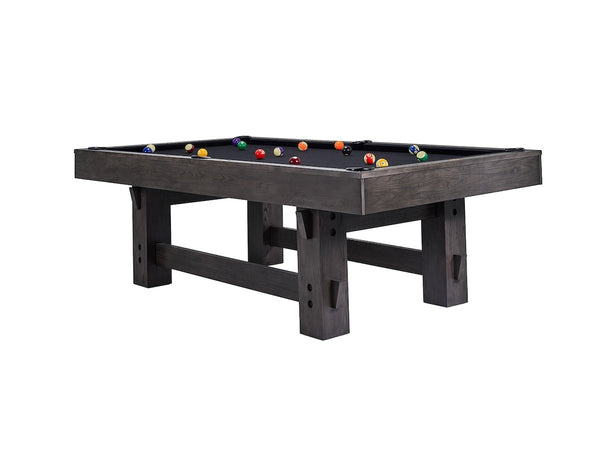 Angled view of a Bristol slate pool table designed by American Heritage with a Charcoal finish and black felt.