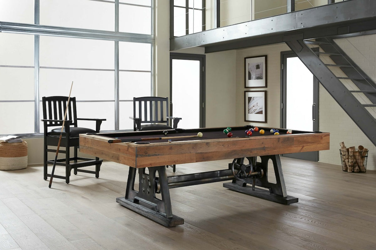 An American Heritage Da Vinici billiard table in black felt complete with spectator chairs.