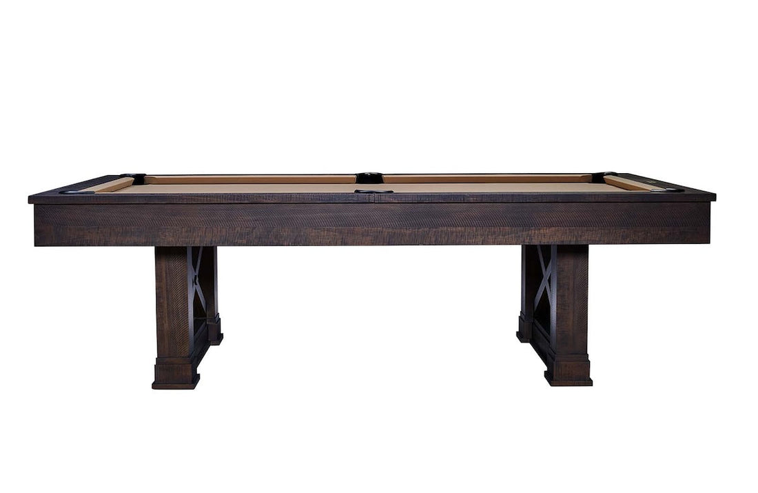 Side view of the Farmhouse slate pool table designed by American Heritage in khaki felt color and a Cappuccino finish.