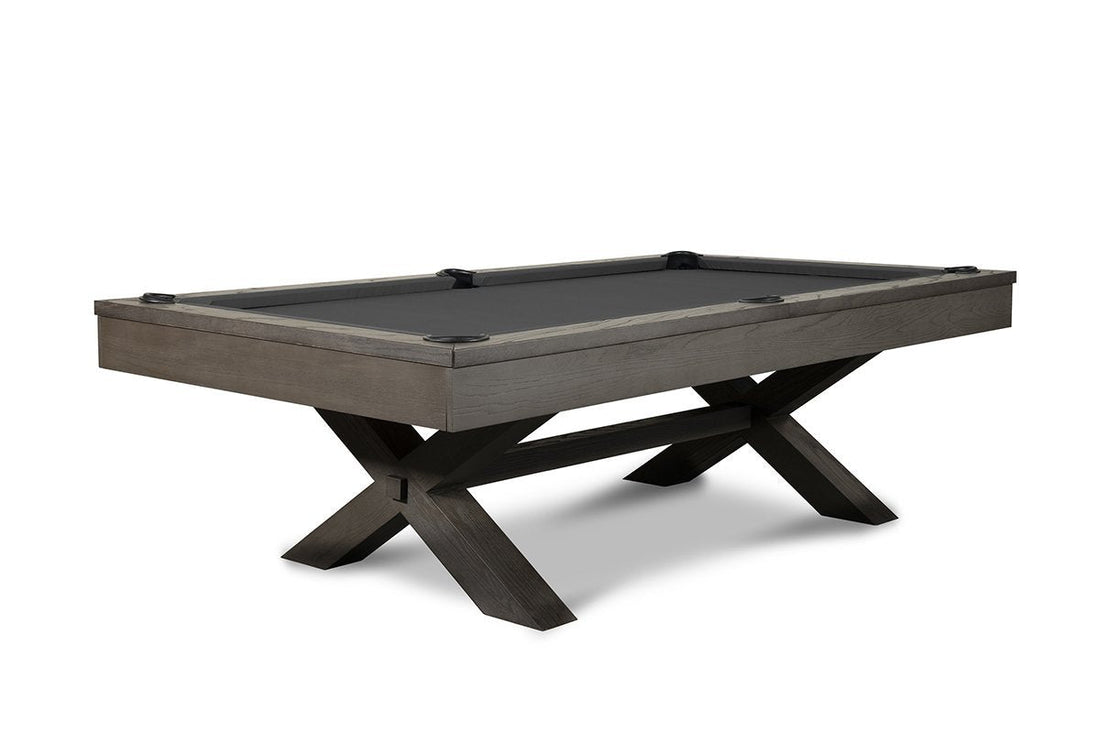 Isabella Manhattan Slate Pool Table with charcoal wood finish, black felt, and modern X-base solid oak construction.