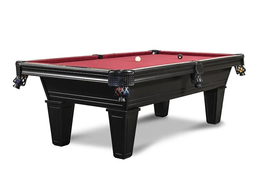 Isabella Corona slate pool table in black with solid wood frame, red felt surface, leather drop pockets, and sturdy tapered legs.