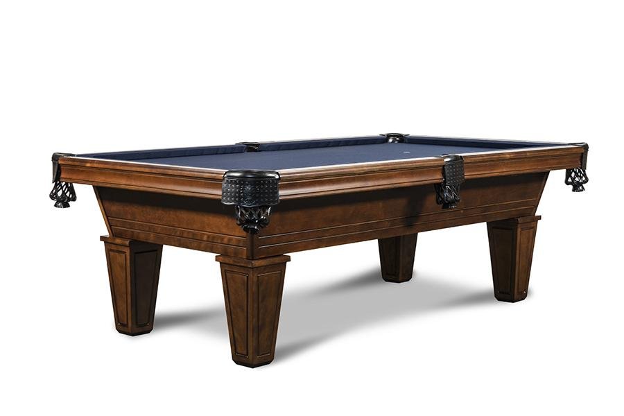 Isabella Corona Slate Pool Table with rich brown wood frame, navy blue felt, and black leather drop pockets for classic style and durability.
