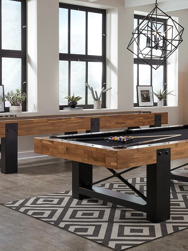 A game room with the Knoxville pool table and shuffleboard.
