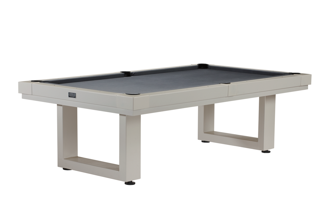 Angled view of the Lanai slate pool table in an Oyster Gray finish with black felt designed by American Heritage.