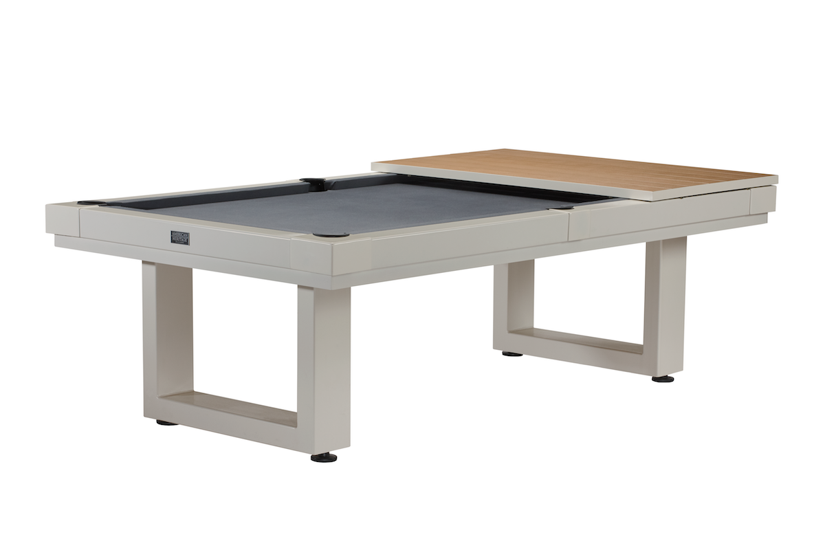 A Lanai slate pool table in an Oyster Gray finish by American Heritage with black felt.