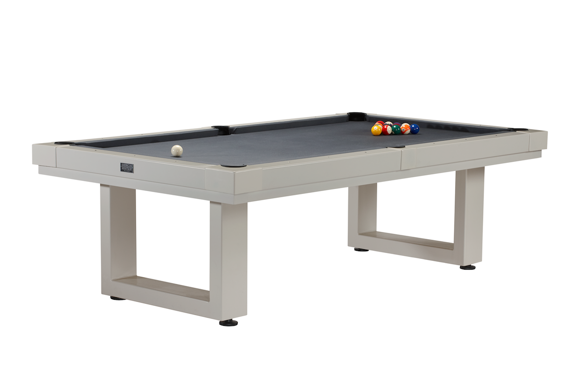 The American Heritage billiard table in black felt and an Oyster Gray finish. Angled view against a white background.