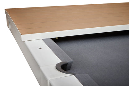 Close-up on one piece of the Lanai pool table dining top in a Pearl White finish.