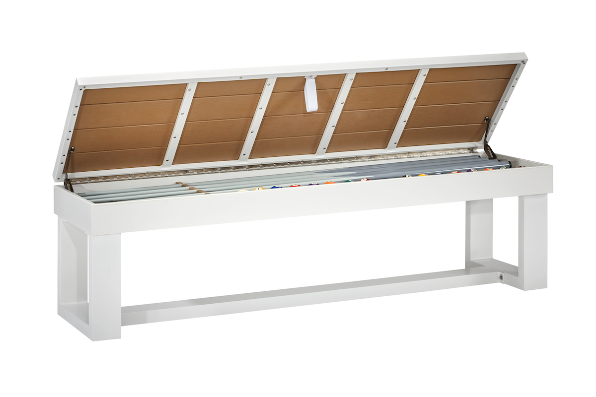 An open Lanai storage bench in a Pearl White finish designed by American Heritage to hold billiard accessories.