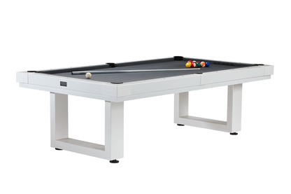 An elevated corner view of a Lanai pool table in a Pearl White finish and black felt designed by American Heritage.