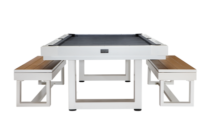 An American Heritage Lanai billiard table in a Pearl White finish with matching Lanai storage benches.
