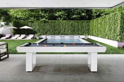 The American Heritage Lanai pool table in a Pearl White finish in an outdoor game room.