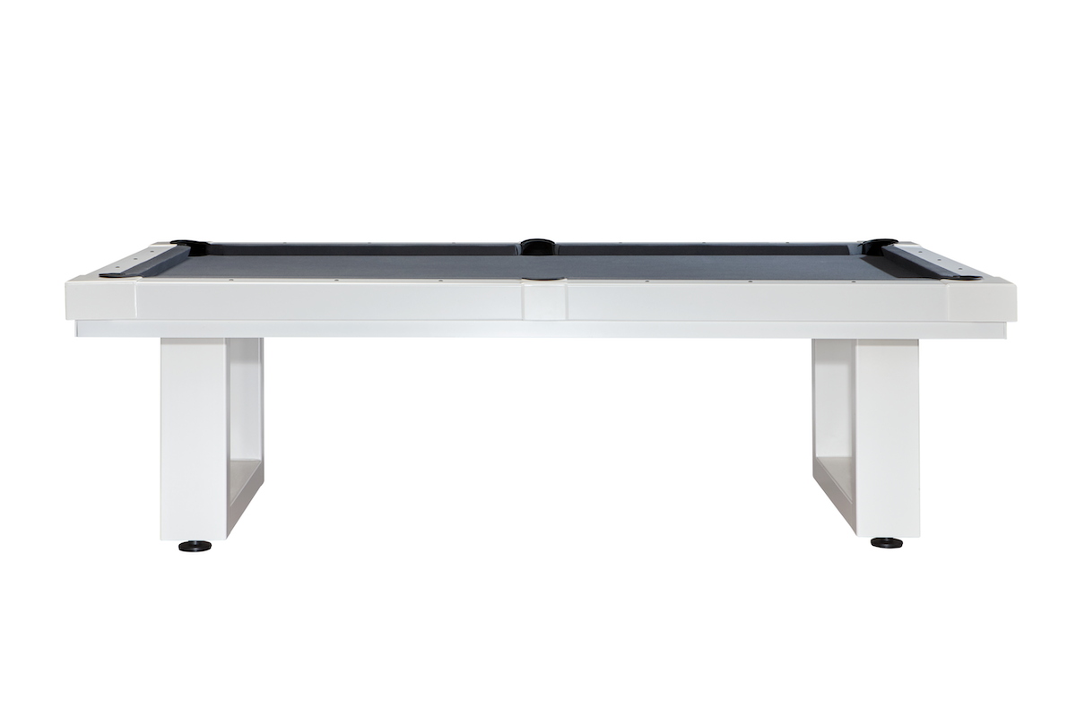 The Lanai slate pool table by American Heritage in a Pearl White finish with black felt pictured against a white background.