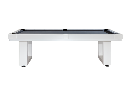 The Lanai slate pool table by American Heritage in a Pearl White finish with black felt pictured against a white background.