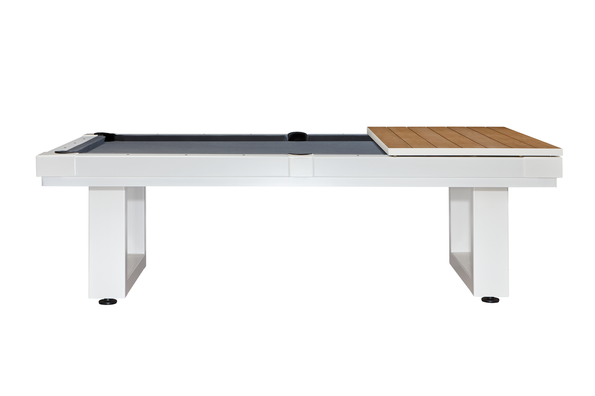 The American Heritage Lanai pool table in a Pearl White finish with one piece of the dining top placed on top.