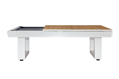 The American Heritage Lanai billiard table in a Pearl White finish with two leaves of the dining top placed on top.