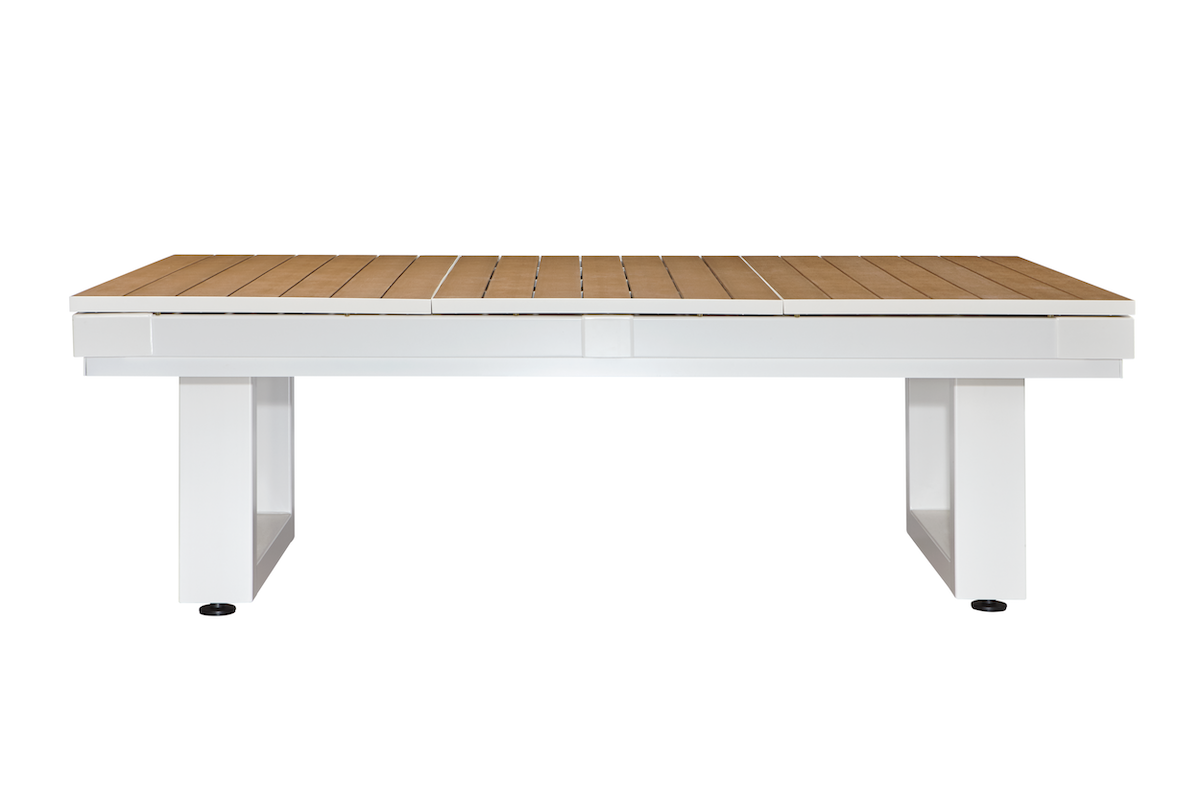 The Lanai slate pool table designed by American Heritage in Pearl White with a dining top.