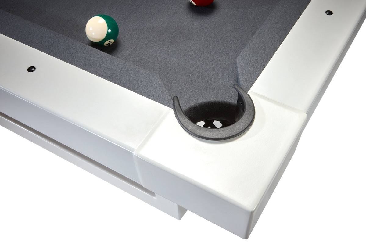 Close-up on a corner drop pocket of an American Heritage Lanai slate with a Pearl White finish.