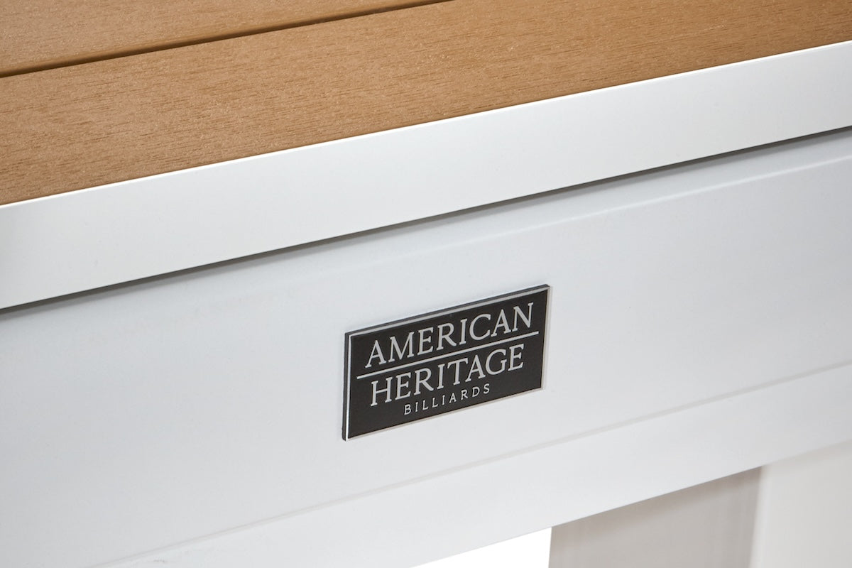 Close-up of the American Heritage on a Lanai billiard table with a Pearl White finish.