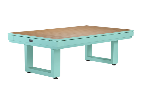 A Lanai outdoor billiard table by American Heritage in a Seafoam Teal finish with its table top.