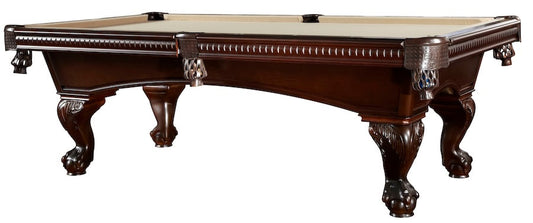 The American Heritage Marietta slate pool table in khaki felt with a Sable finish. 