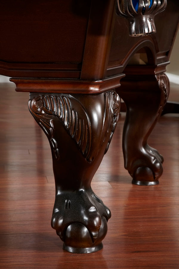 A table leg of the American Heritage Marietta slate pool table. 