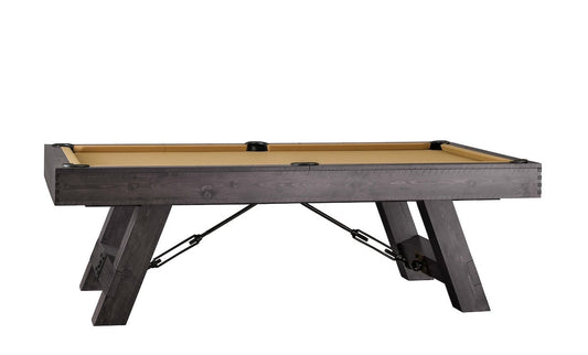 The Savannah slate pool table by American Heritage in a Charcoal wood finsh with khaki-colored felt cloth.