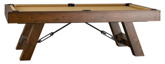 The Savannah slate pool table designed and manufactured by American Heritage. Sable finish and khaki-colored felt.