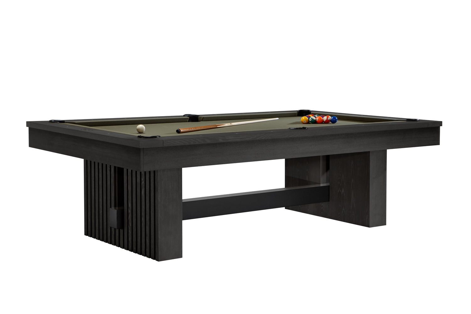 The Vancouver slate billiard table by American Heritage in a Black Ash finish. The table is set for a billiard game.