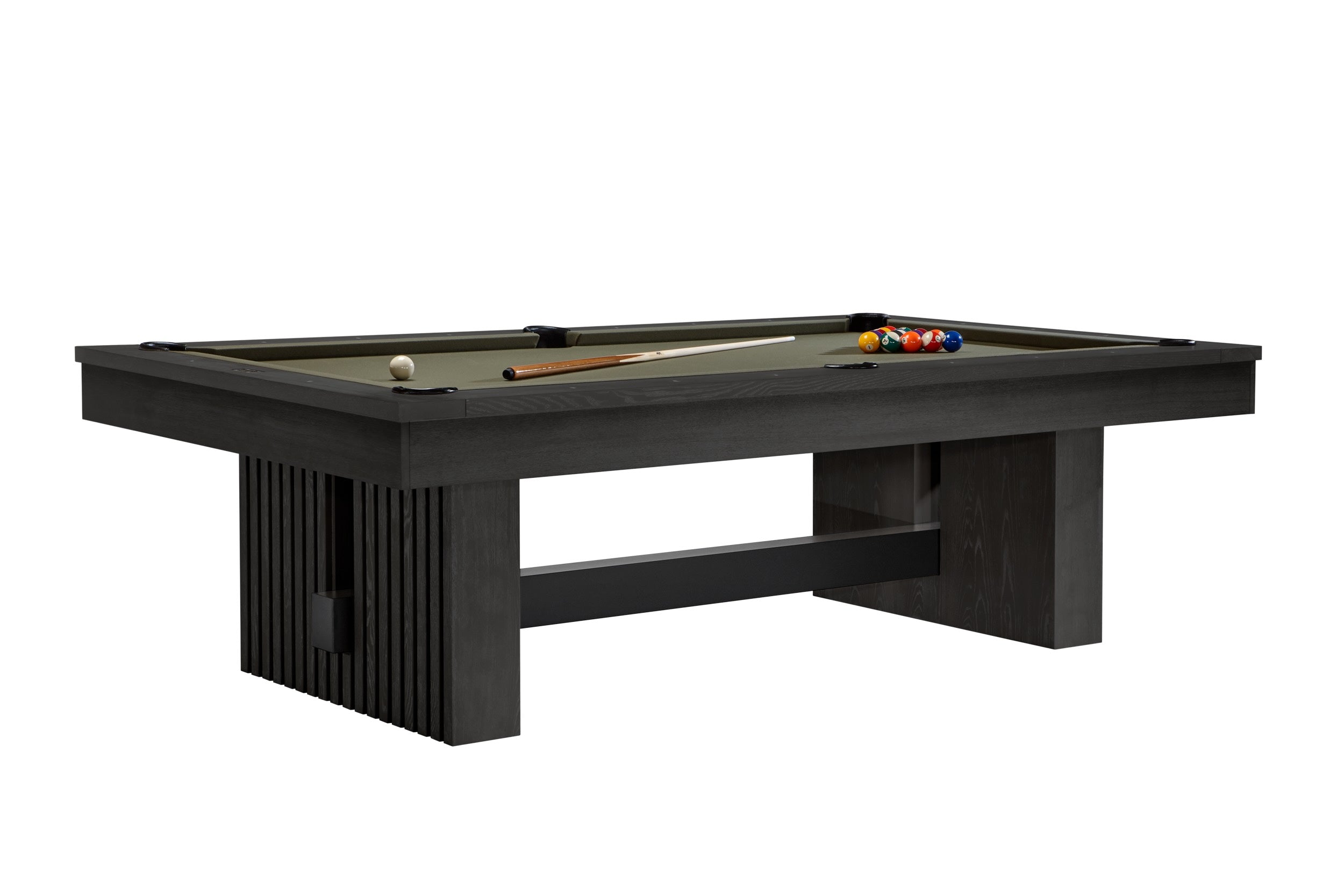 The Vancouver slate billiard table by American Heritage in a Black Ash finish. The table is set for a billiard game.
