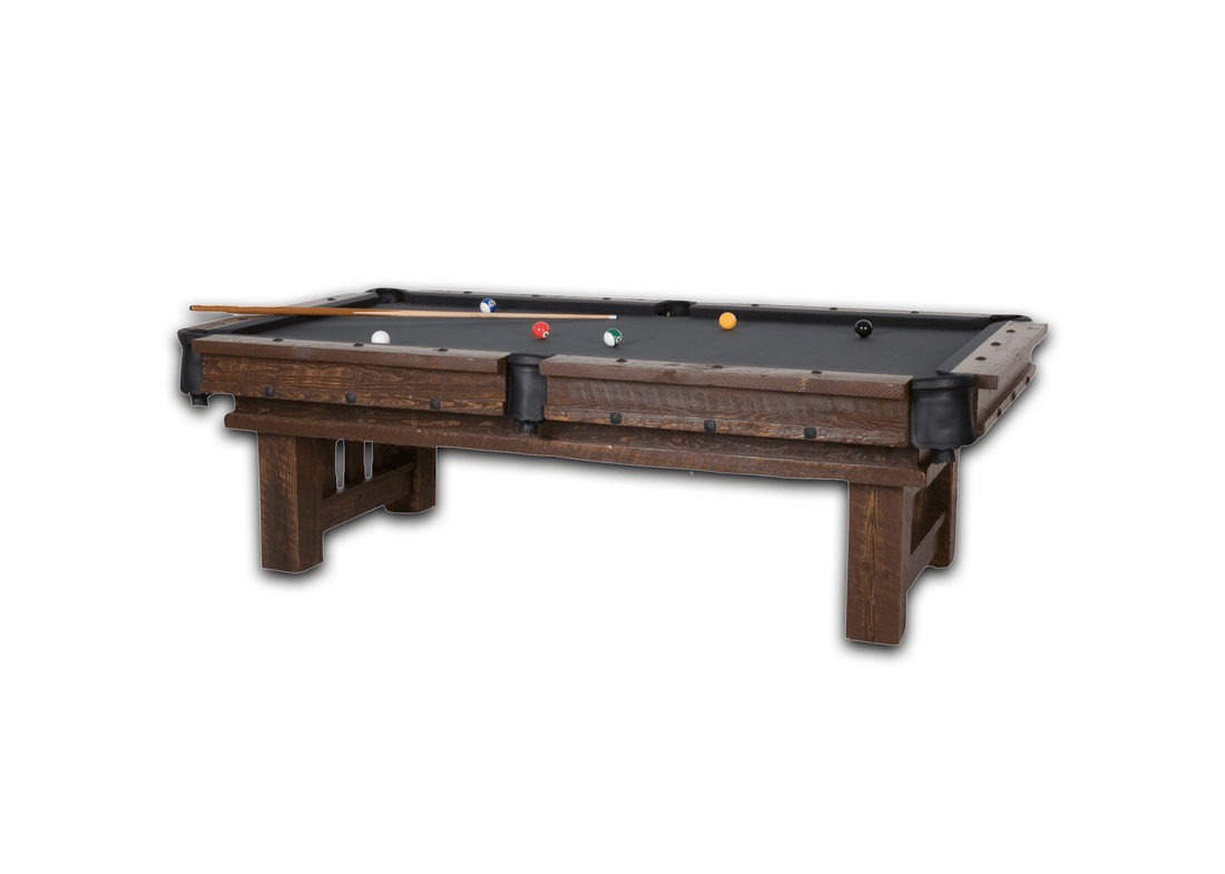 Rustic Barnwood Cheyenne Billiard Table with dark brown rough sawn wood frame, black cloth surface, and full shielded pockets.