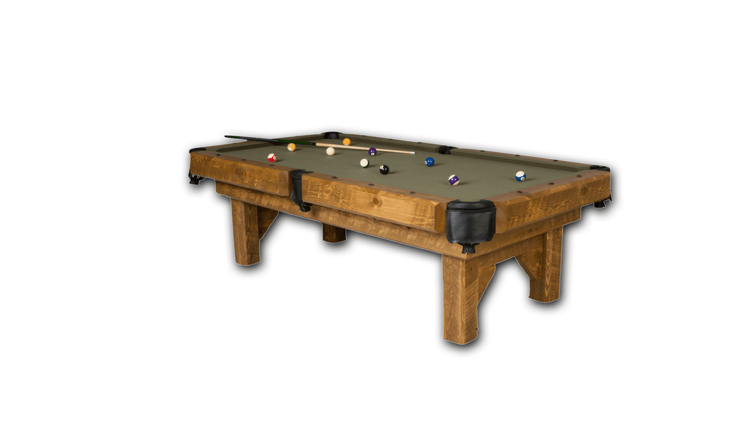 Viking Industries Barnwood billiard table with rustic pine wood frame, green felt surface, and black leather pockets, including pool balls and cues.