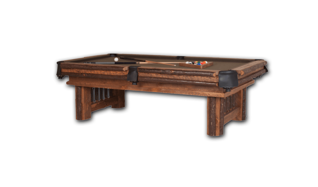 Viking Industries Sawtooth Hickory pool table in rustic brown wood with sawtooth accents and tan felt playing surface with accessories.